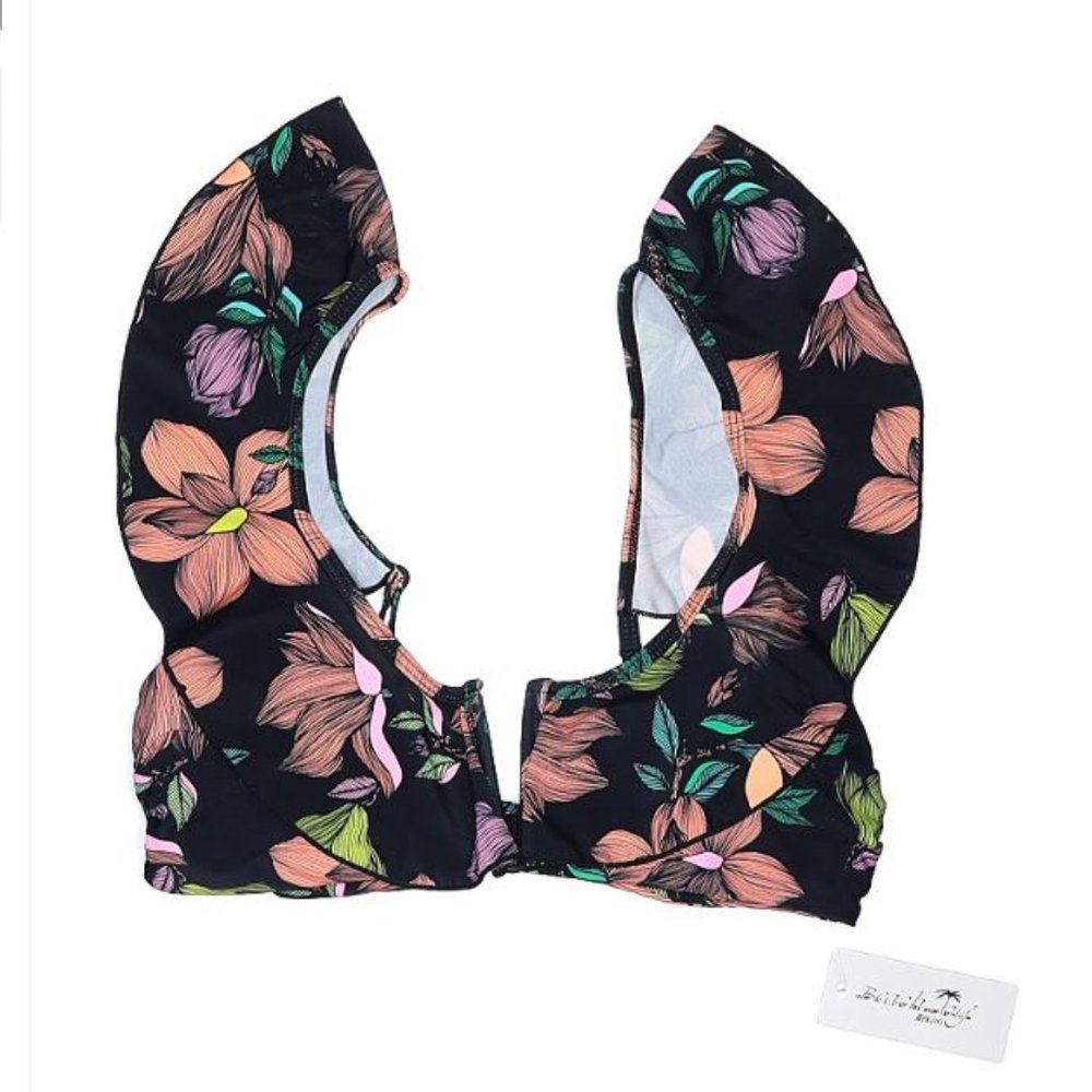 Swimsuit Top Bikini - NWT - Black Navy Colorful Floral Ruffles - Deep V Wire